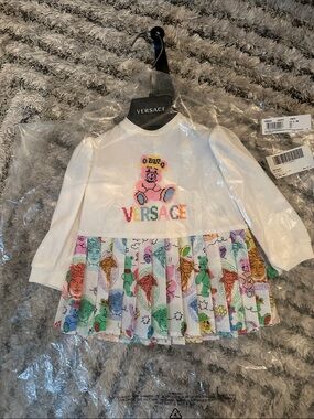 Versace White Long-Sleeve Top with Multicolor Pleated Skirt